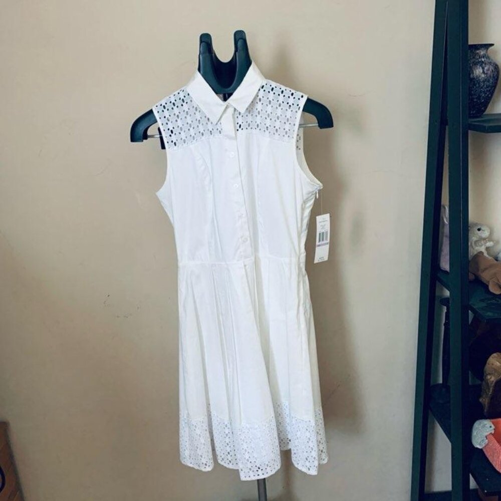 Sharagano collared eyelet pleated shirt dress